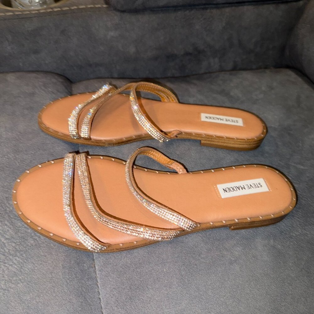 Steve Madden Light Brown Rhinestone Strappy Flat Sandals – Women’s 10 - Picture 2 of 5